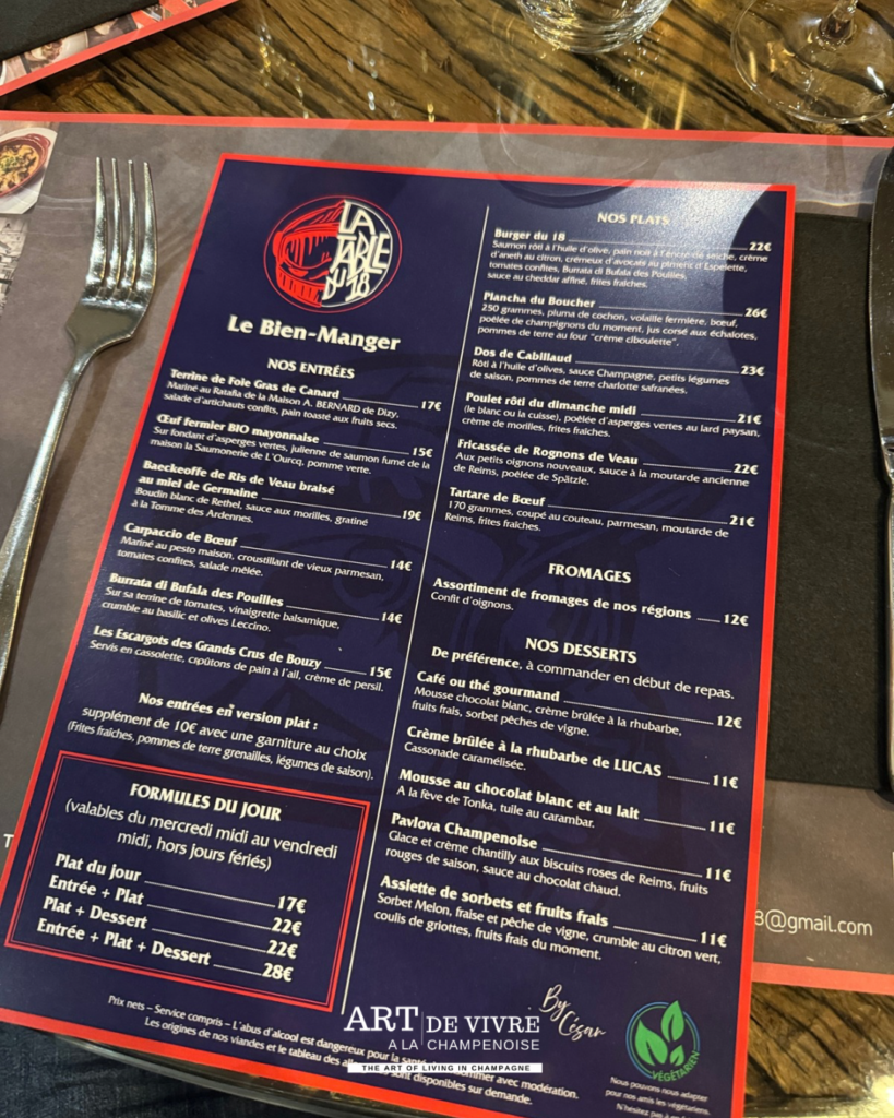 La nouvelle carte de la table du 18 à Tours sur Marne