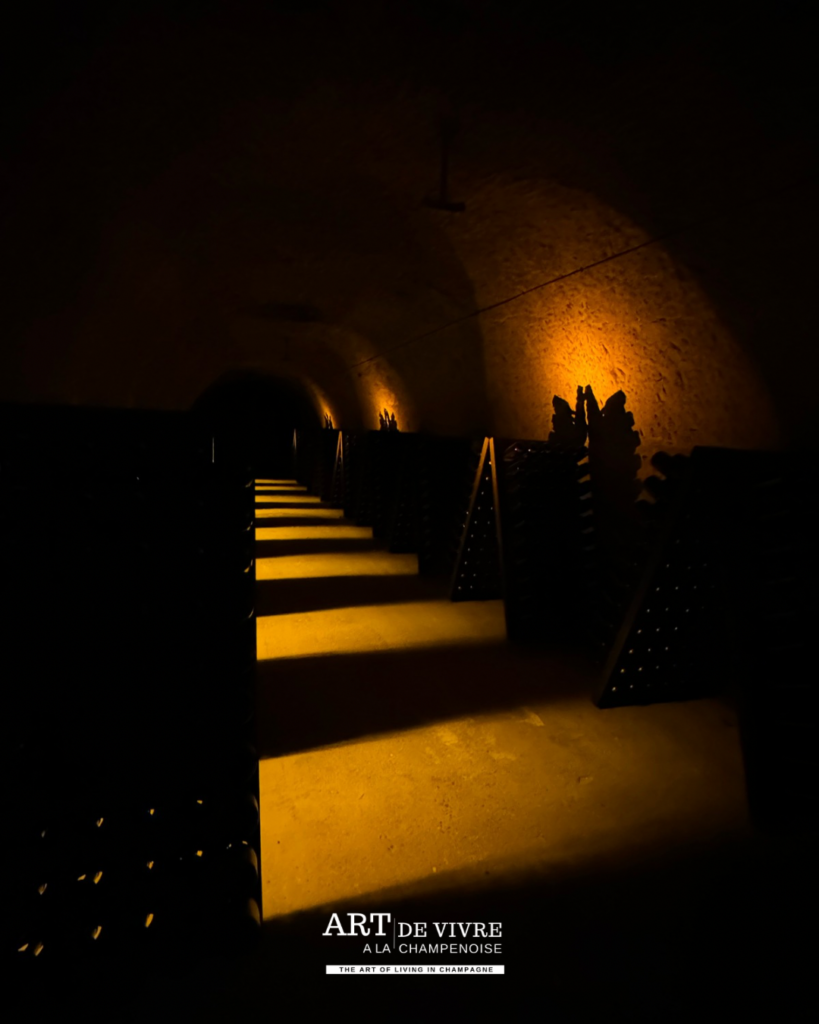 ambiance souterraine caves Champagne Joseph Perrier lumière tamisée
