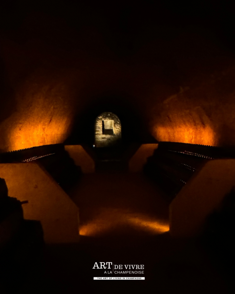 ambiance souterraine caves Champagne Joseph Perrier lumière tamisée