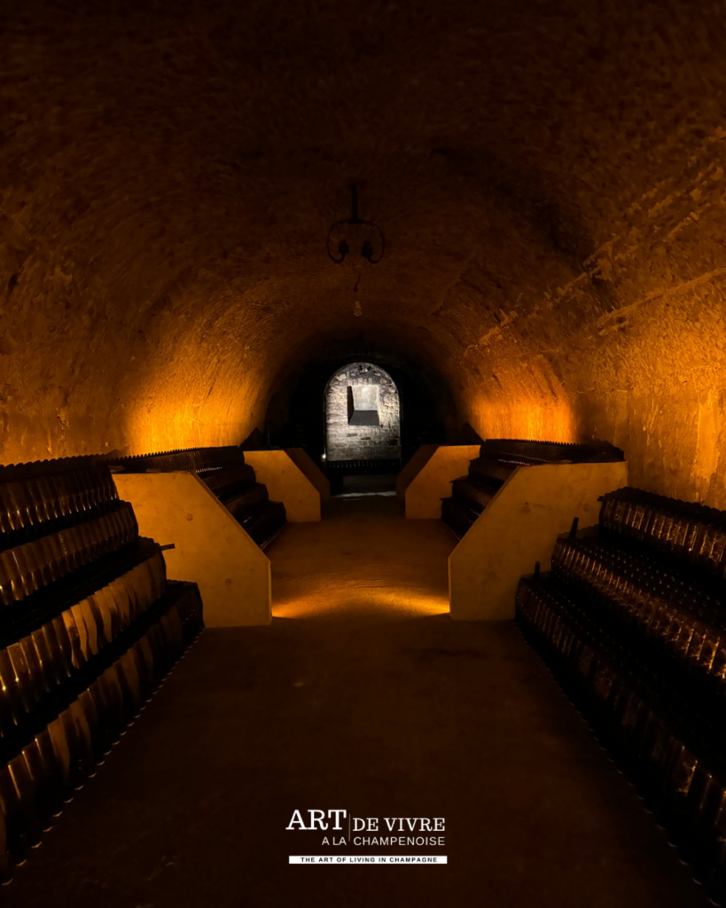 alignement de bouteilles dans les caves Joseph Perrier