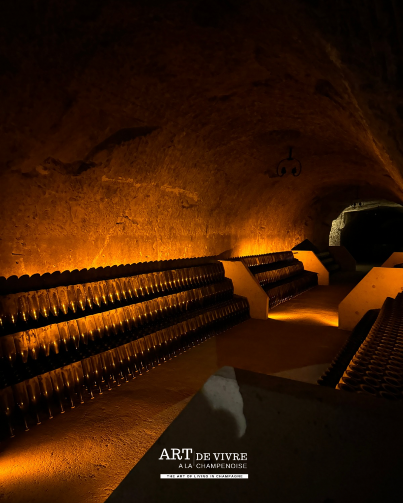alignement de bouteilles dans les caves Joseph Perrier