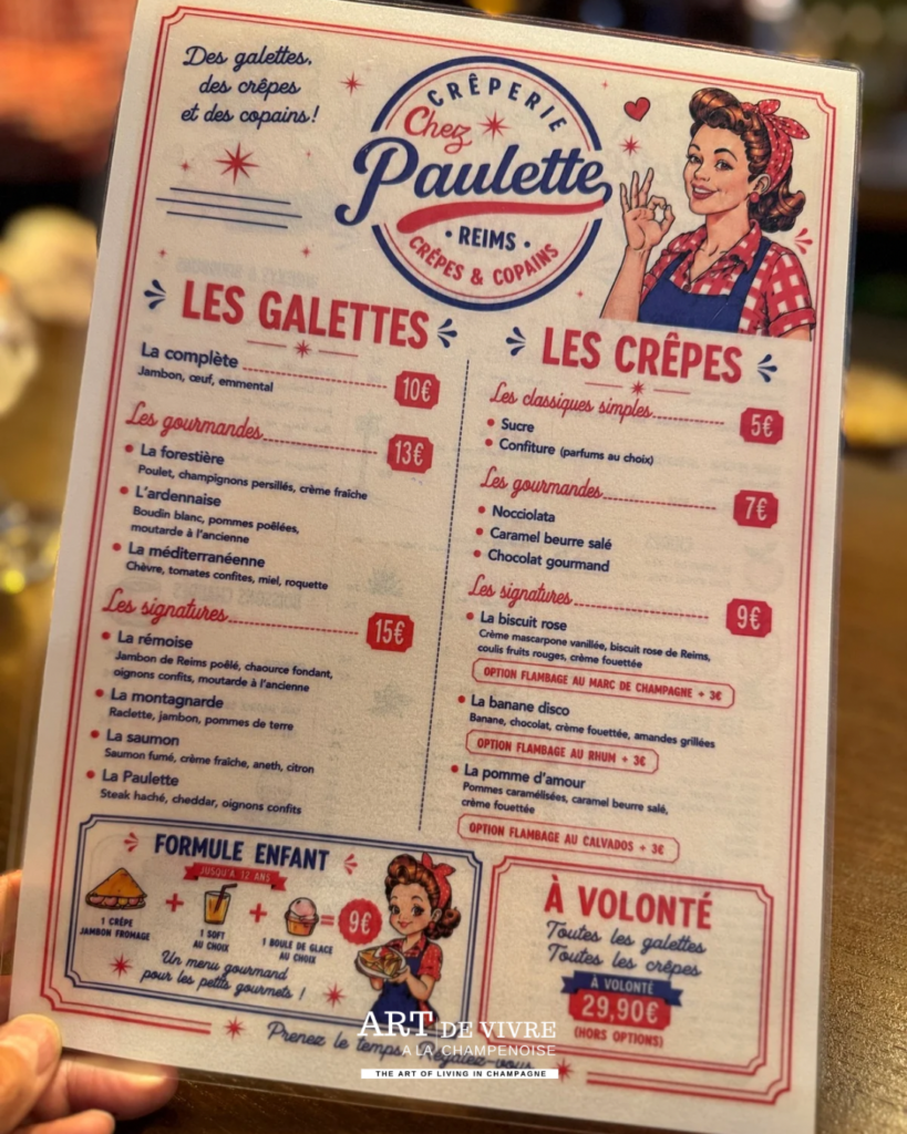 la carte de la crêperie Chez Paulette Boulingrin Reims