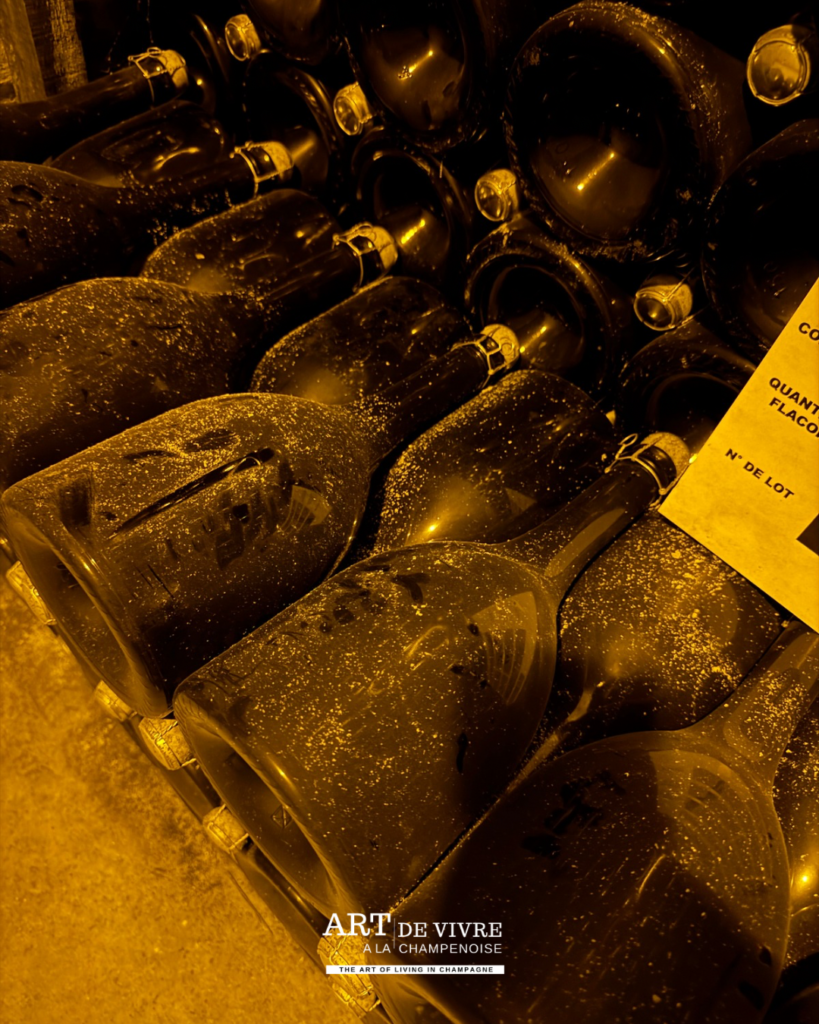 Bouteilles spéciales sourire de l'ange empilées dans une alcôve des caves Abelé