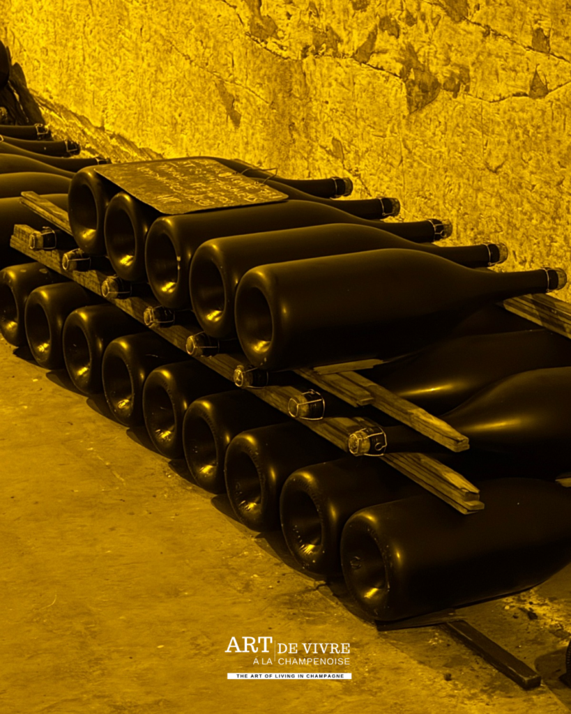 Bouteilles sur lattes dans les caves du Champagne Abelé