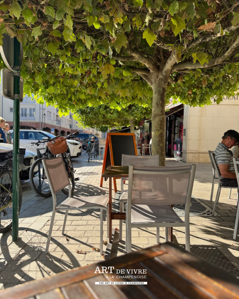 Terrasse de La Frigousse sous les arbres à Aÿ-Champagne en fin de journée