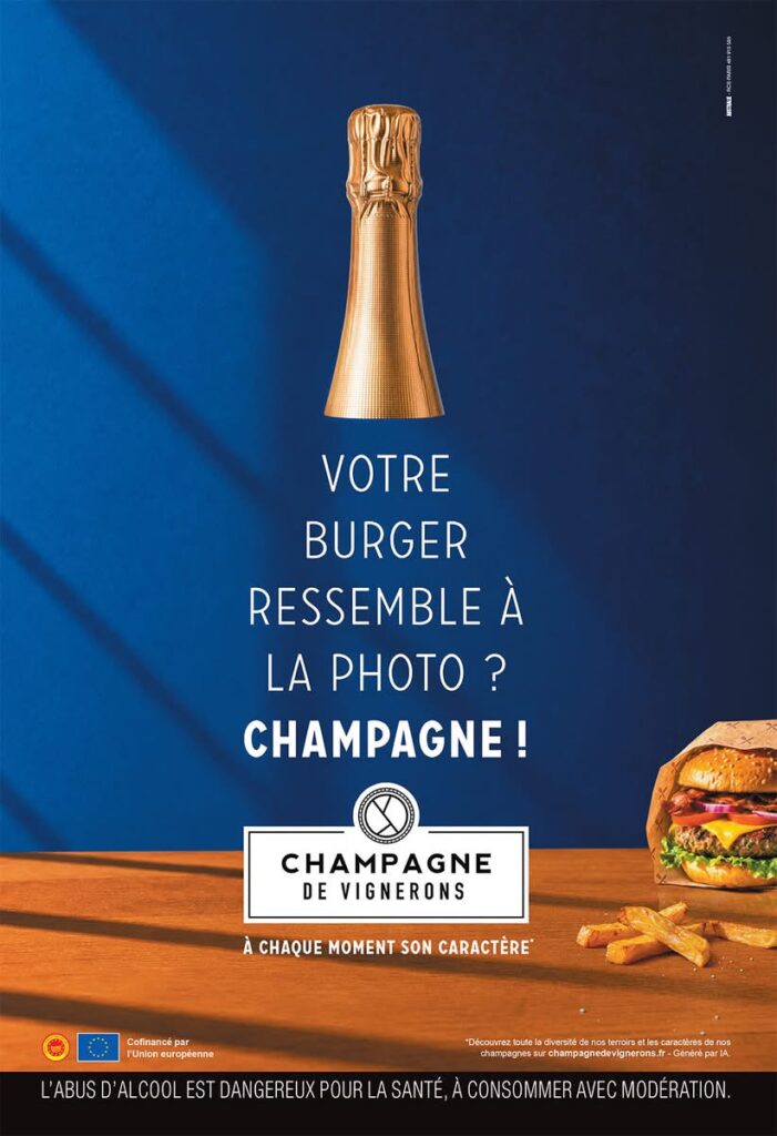 Affiche Champagne de Vignerons sur un burger en photo