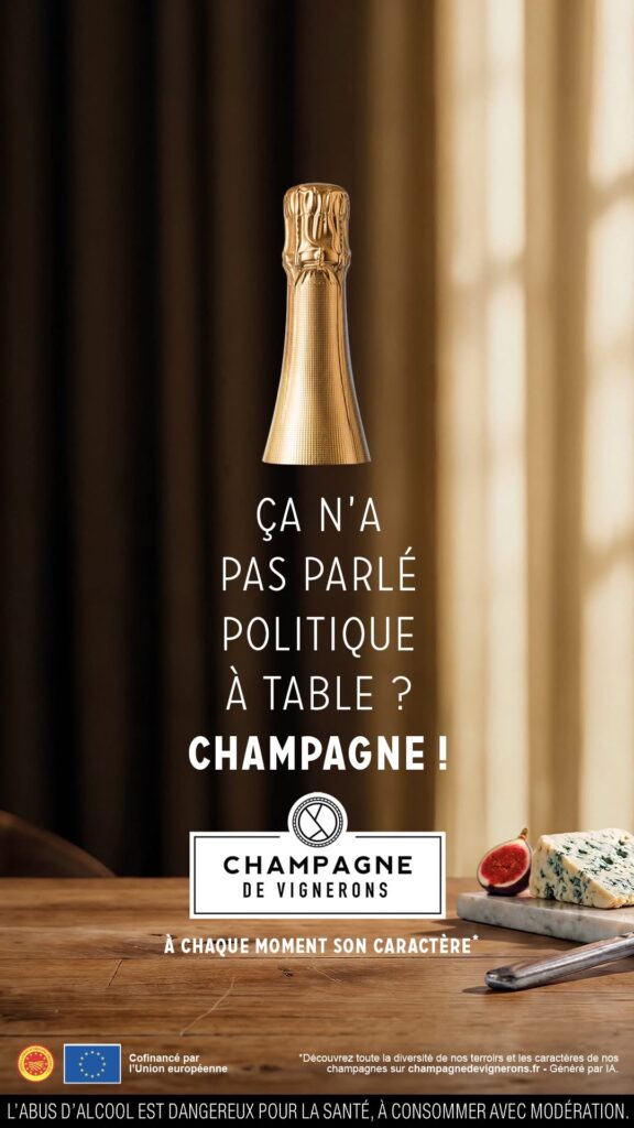 Affiche Champagne de Vignerons sur pas de politique à table