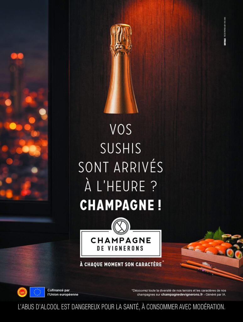 Affiche Champagne de Vignerons sur les sushis livrés à l’heure