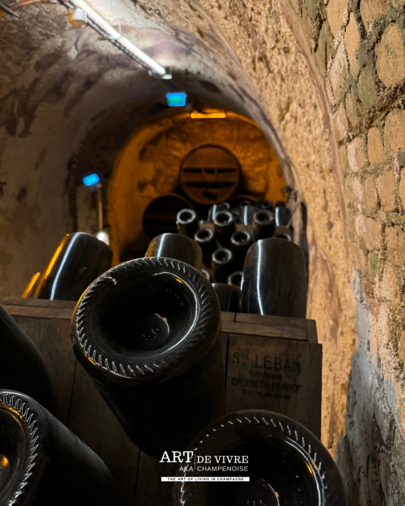Bouteilles sur pupitres dans les caves Gosset