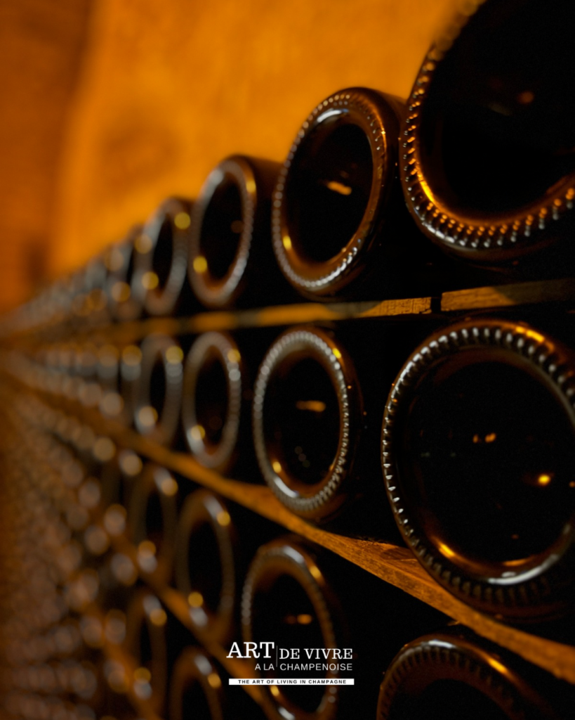 Bouteiles sur lattes dans les caves du champagne gosset