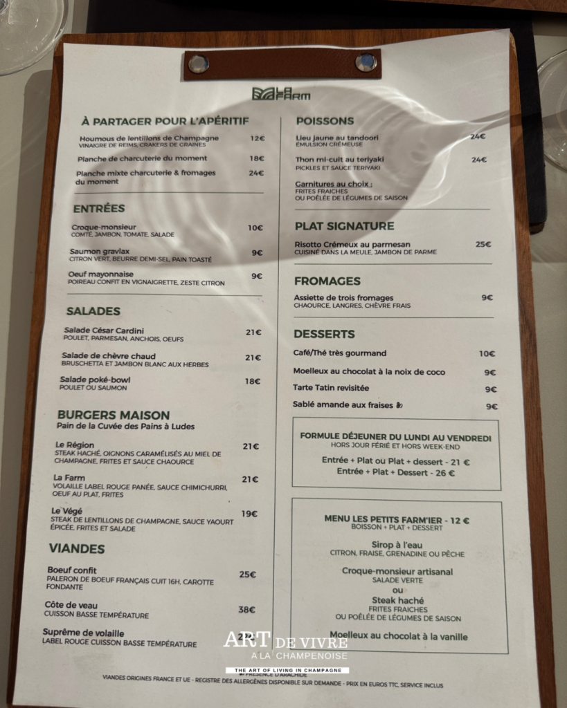 Le menu du restaurant La Farm