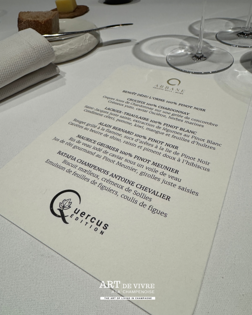 Menu du dîner Quercus Edition organisé le 22 octobre 2026 chez Arbane